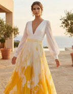 Robe longue imprimée à col en V, manches lanternes et détails plissés, blanc et jaune