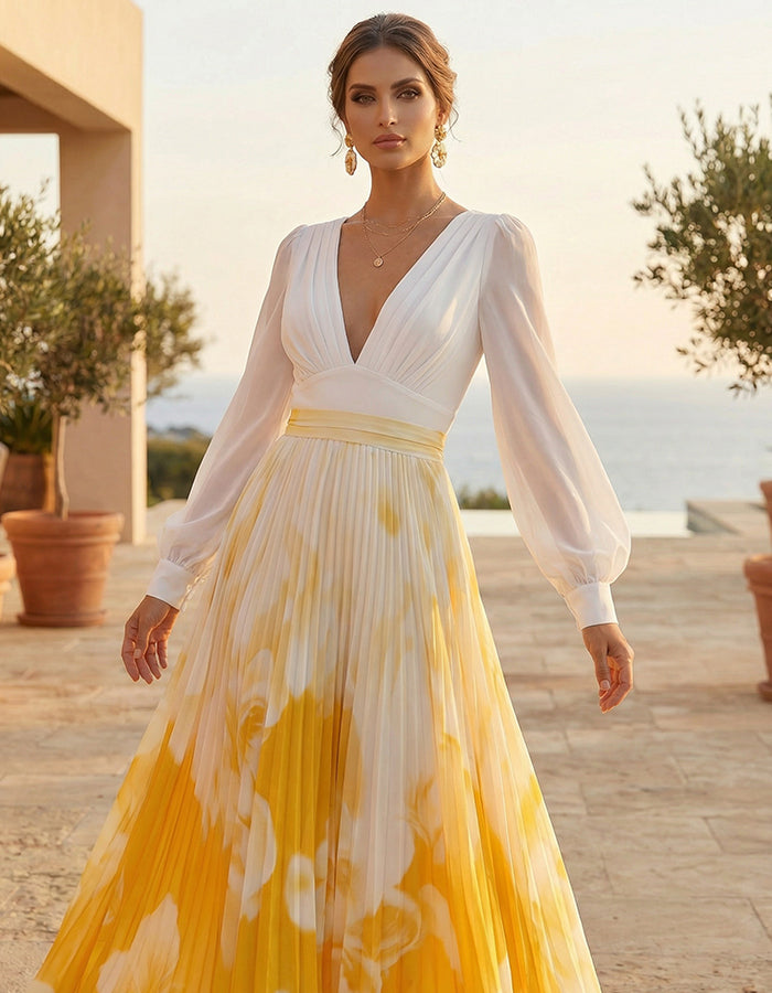 Robe longue imprimée à col en V, manches lanternes et détails plissés, blanc et jaune