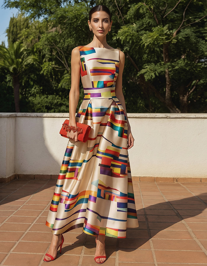 Colorful Geometric Print Sleeveless Fitted Waist Satin Maxi Dress