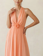 Coral Pink Halter Neck Deep V 3D Floral Chiffon Maxi Dress