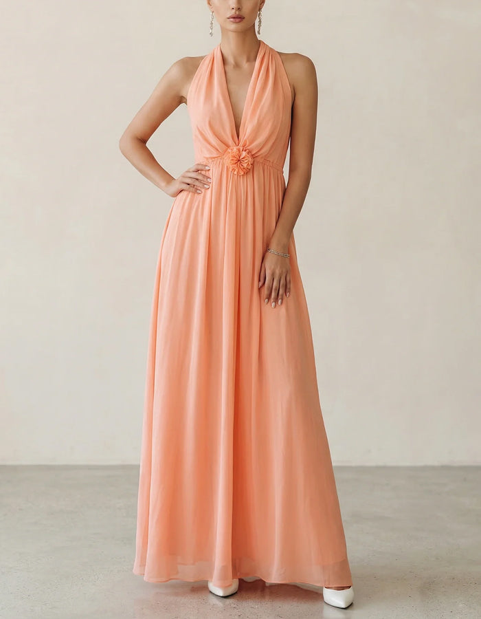 Coral Pink Halter Neck Deep V 3D Floral Chiffon Maxi Dress