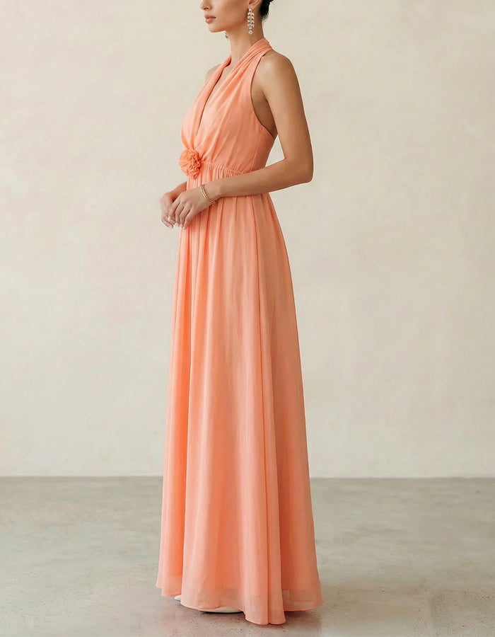 Coral Pink Halter Neck Deep V 3D Floral Chiffon Maxi Dress