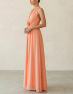 Coral Pink Halter Neck Deep V 3D Floral Chiffon Maxi Dress