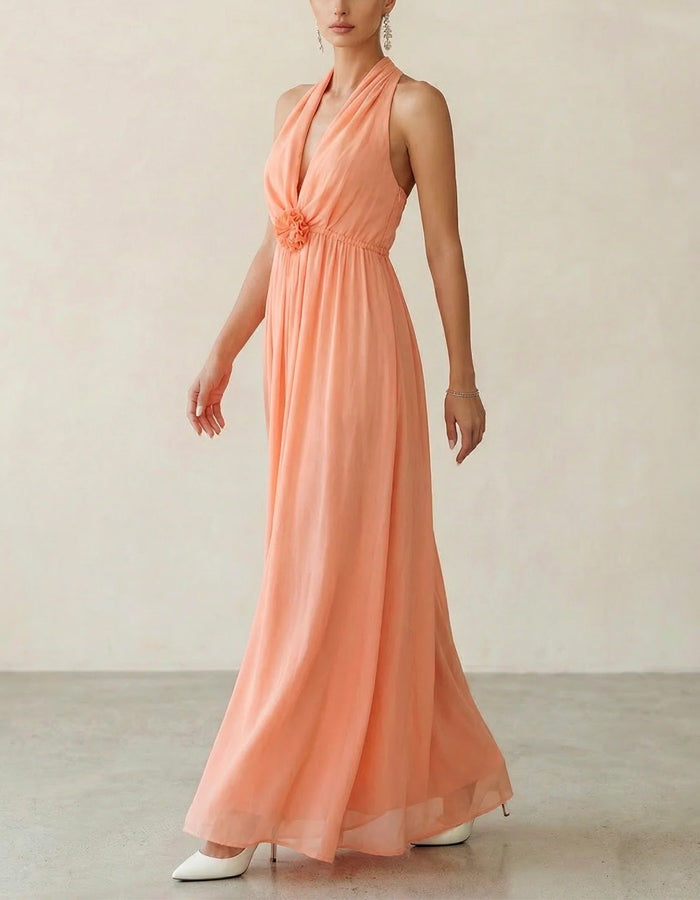 Coral Pink Halter Neck Deep V 3D Floral Chiffon Maxi Dress