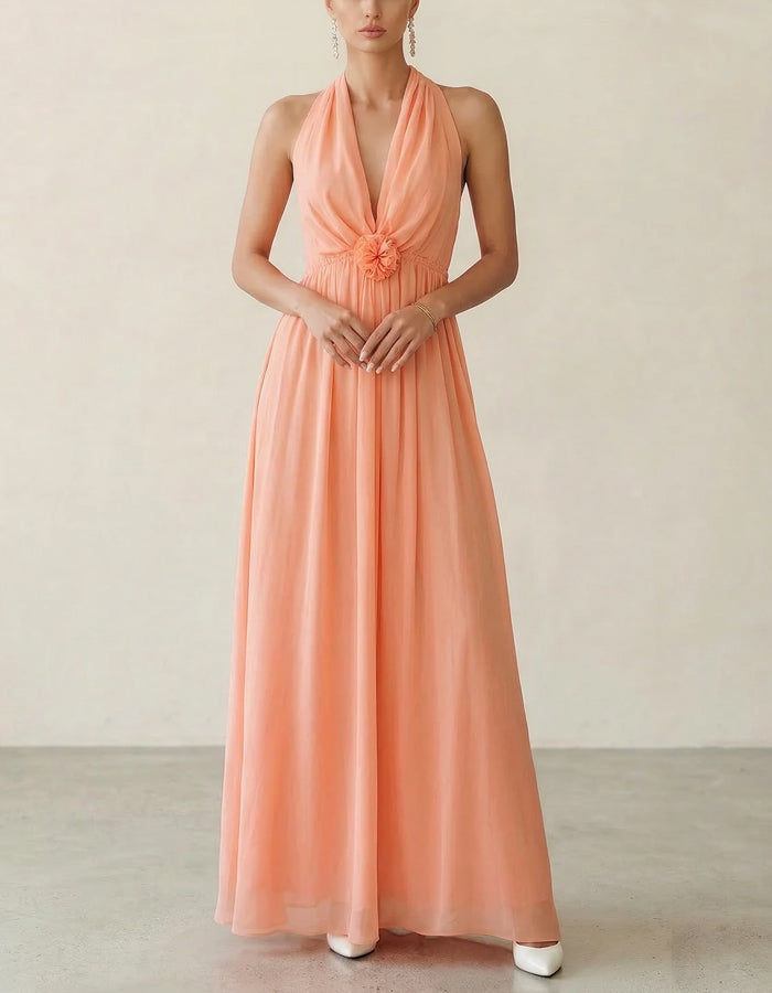 Coral Pink Halter Neck Deep V 3D Floral Chiffon Maxi Dress
