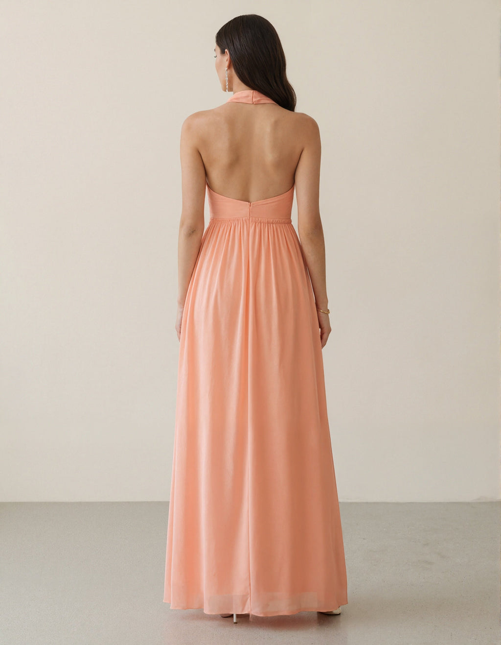 Coral Pink Halter Neck Deep V 3D Floral Chiffon Maxi Dress