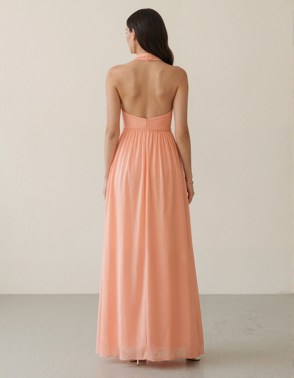 Coral Pink Halter Neck Deep V 3D Floral Chiffon Maxi Dress