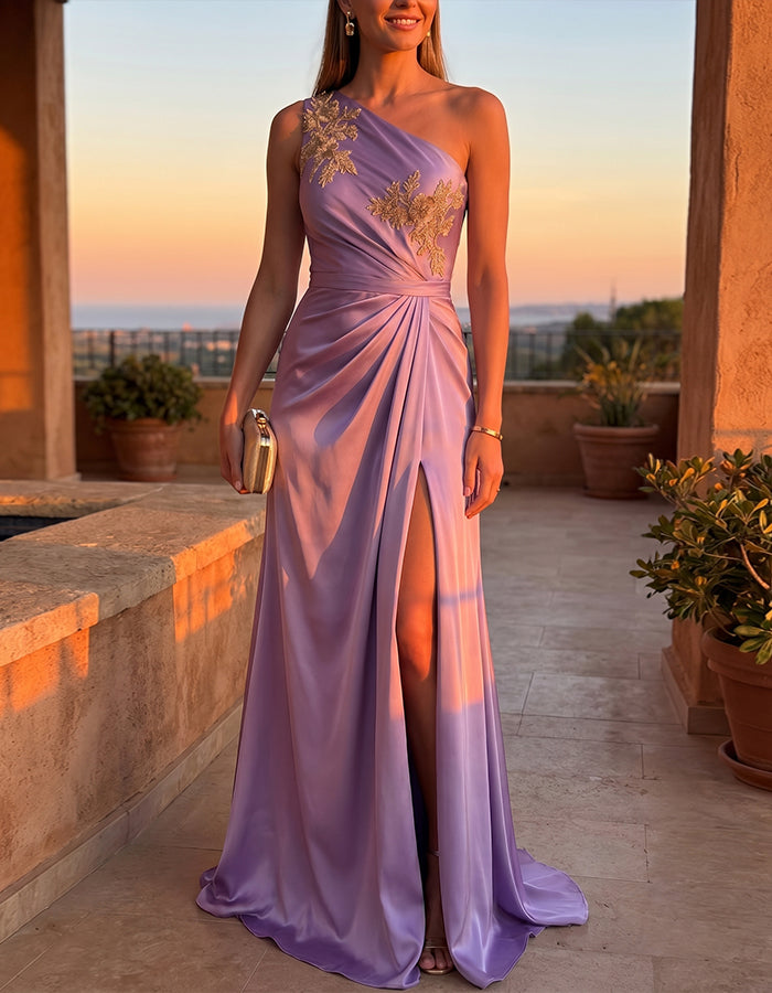 Taro Purple One Shoulder Appliqué Satin With Slit Maxi Dress