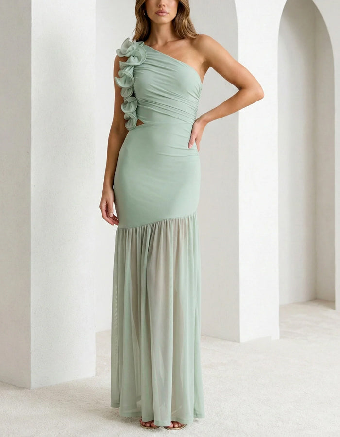 Maxikleid aus Chiffon mit einem Träger und Rüschen in Mintgrün