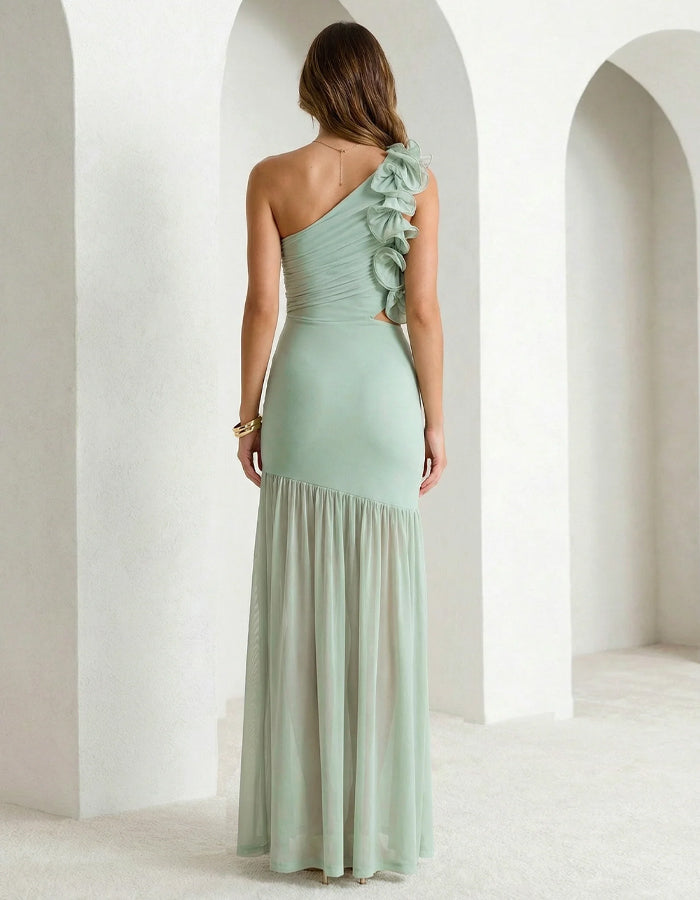 Maxikleid aus Chiffon mit einem Träger und Rüschen in Mintgrün