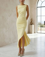 Solid Color Boat Collar With Forks Maxi Dress