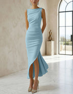 Solid Color Boat Collar With Forks Maxi Dress
