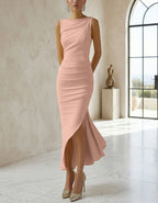 Solid Color Boat Collar With Forks Maxi Dress