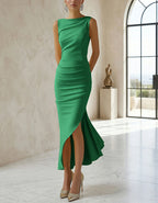 Solid Color Boat Collar With Forks Maxi Dress