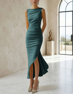 Solid Color Boat Collar With Forks Maxi Dress