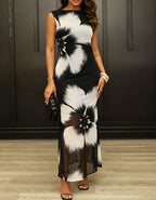 Black Ink Wash Floral Sleeveless Chiffon Maxi Dress