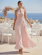 Maxikleid aus Chiffon mit rosafarbener Spitzenborte