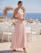 Maxikleid aus Chiffon mit rosafarbener Spitzenborte