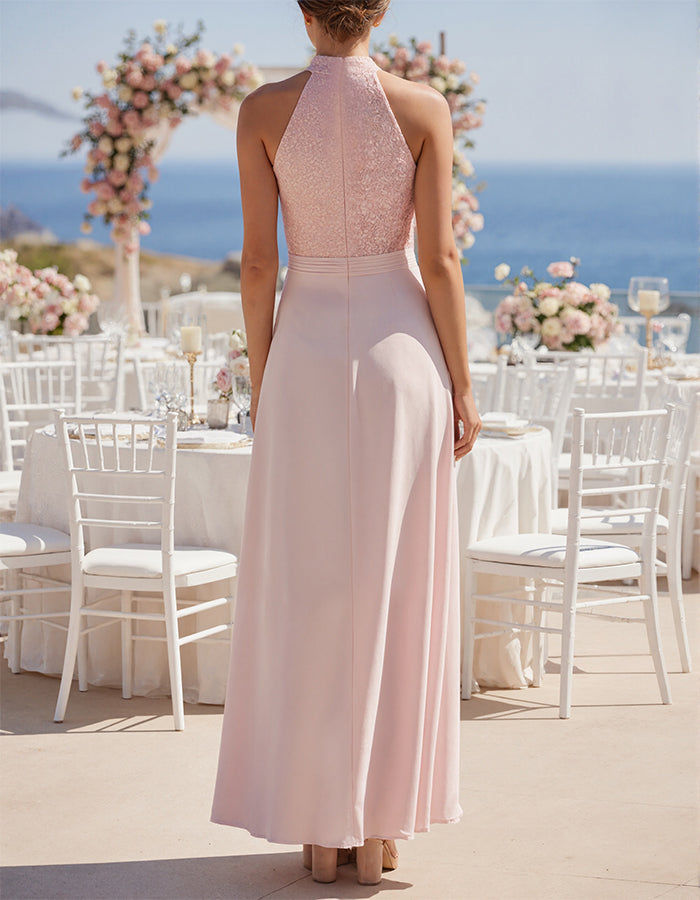 Maxikleid aus Chiffon mit rosafarbener Spitzenborte