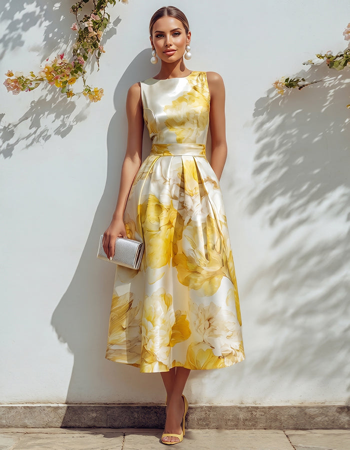 Gelbes geblümtes Satinkleid mit tailliertem Schnitt und weitem Midikleid-Saum