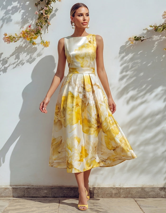 Gelbes geblümtes Satinkleid mit tailliertem Schnitt und weitem Midikleid-Saum
