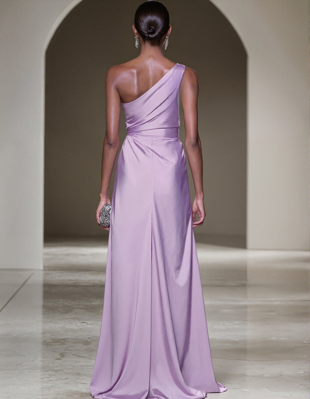 Taro Purple One Shoulder Appliqué Satin With Slit Maxi Dress