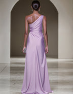 Taro Purple One Shoulder Appliqué Satin With Slit Maxi Dress