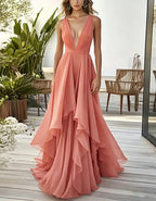 Solid Color Deep V-Neck Layered Chiffon Maxi Dress