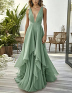 Solid Color Deep V-Neck Layered Chiffon Maxi Dress