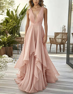 Solid Color Deep V-Neck Layered Chiffon Maxi Dress
