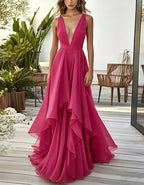 Solid Color Deep V-Neck Layered Chiffon Maxi Dress