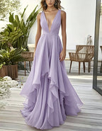 Solid Color Deep V-Neck Layered Chiffon Maxi Dress