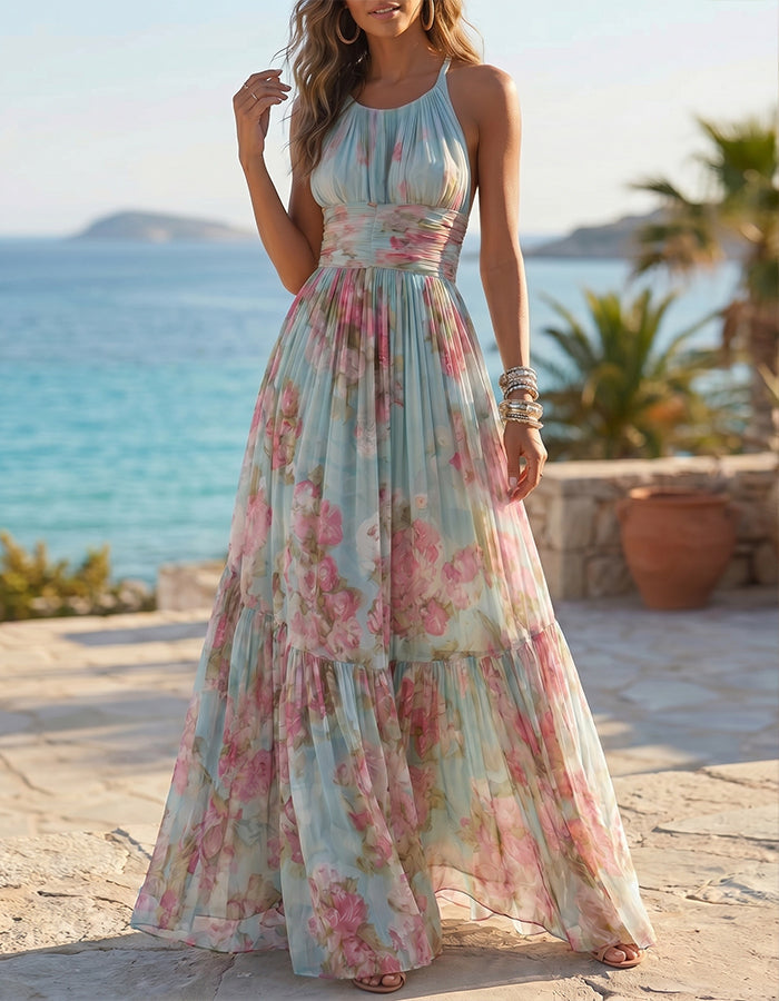 Eisblaues Chiffon-Maxikleid mit Neckholder und Aquarell-Rosenmuster