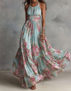 Eisblaues Chiffon-Maxikleid mit Neckholder und Aquarell-Rosenmuster