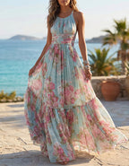Eisblaues Chiffon-Maxikleid mit Neckholder und Aquarell-Rosenmuster