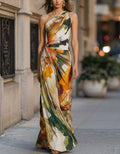 Maxikleid aus Chiffon mit orange-grünem Blumenmuster im Ölgemälde-Stil und einzelner Schulterpartie