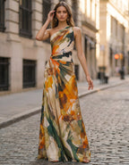 Maxikleid aus Chiffon mit orange-grünem Blumenmuster im Ölgemälde-Stil und einzelner Schulterpartie