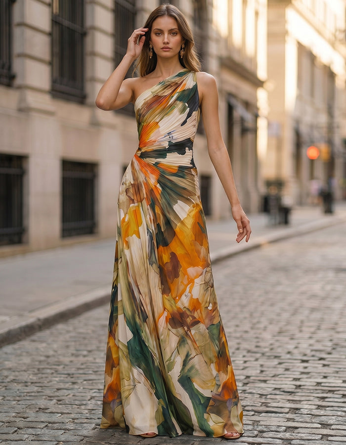 Maxikleid aus Chiffon mit orange-grünem Blumenmuster im Ölgemälde-Stil und einzelner Schulterpartie