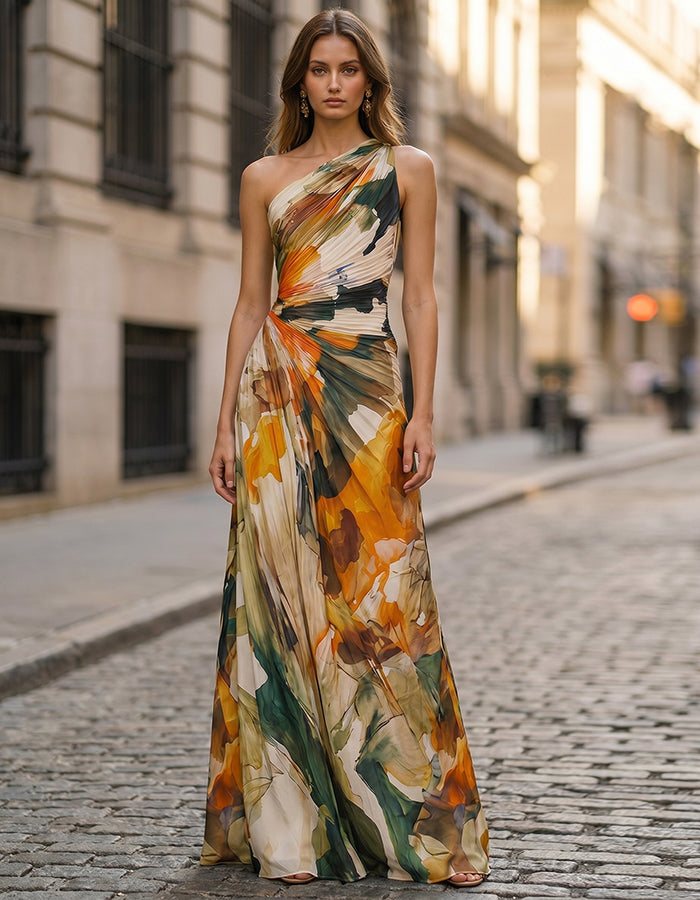 Maxikleid aus Chiffon mit orange-grünem Blumenmuster im Ölgemälde-Stil und einzelner Schulterpartie