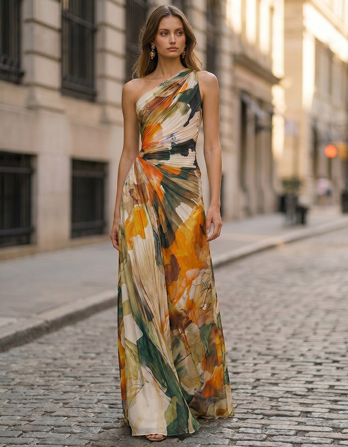 Maxikleid aus Chiffon mit orange-grünem Blumenmuster im Ölgemälde-Stil und einzelner Schulterpartie