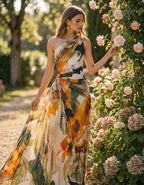 Maxikleid aus Chiffon mit orange-grünem Blumenmuster im Ölgemälde-Stil und einzelner Schulterpartie
