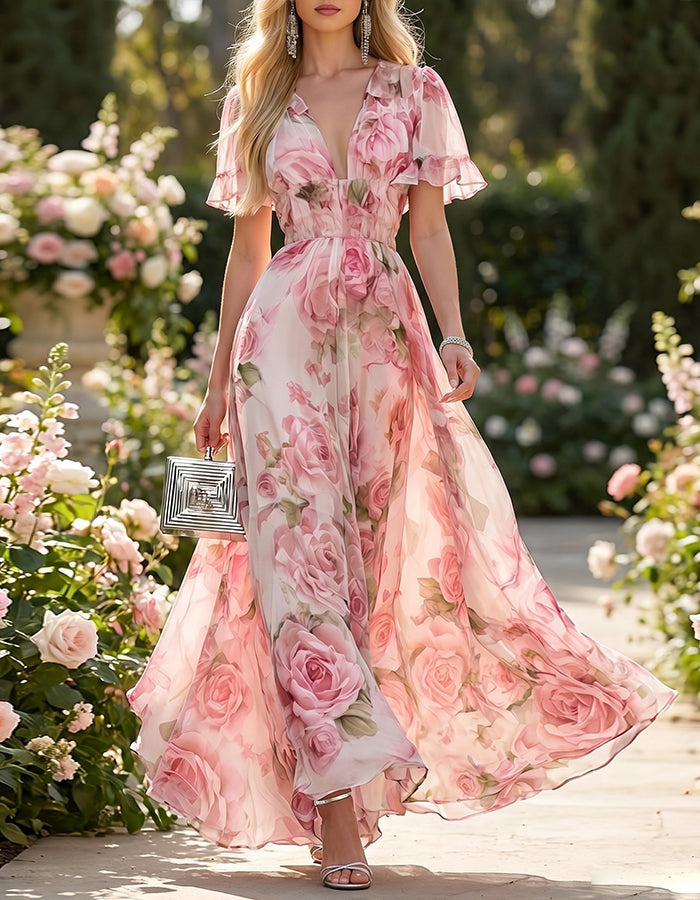 Abito lungo in chiffon con scollo a V e stampa di rose rosa