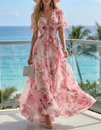 Abito lungo in chiffon con scollo a V e stampa di rose rosa