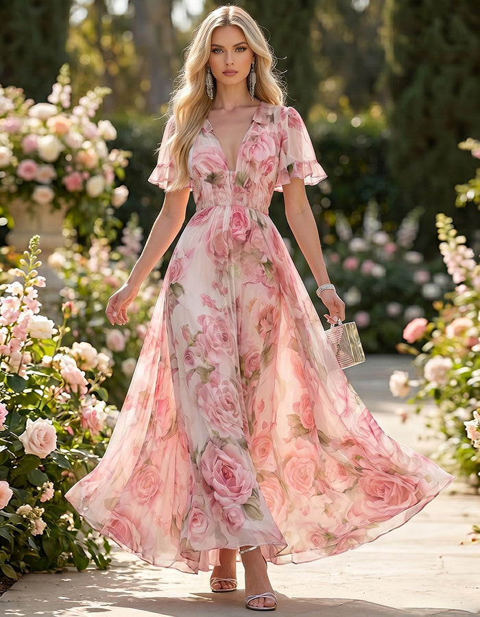 Abito lungo in chiffon con scollo a V e stampa di rose rosa