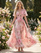 Abito lungo in chiffon con scollo a V e stampa di rose rosa
