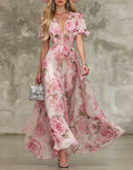 Abito lungo in chiffon con scollo a V e stampa di rose rosa