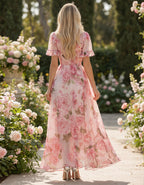 Abito lungo in chiffon con scollo a V e stampa di rose rosa