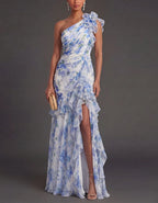 Blue Watercolor Floral One Shoulder Chiffon Slits Maxi Dress