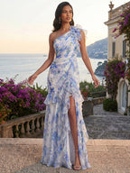 Blue Watercolor Floral One Shoulder Chiffon Slits Maxi Dress