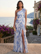 Blue Watercolor Floral One Shoulder Chiffon Slits Maxi Dress